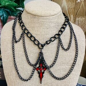 Edgy Black and Red Cross Pendant Necklace